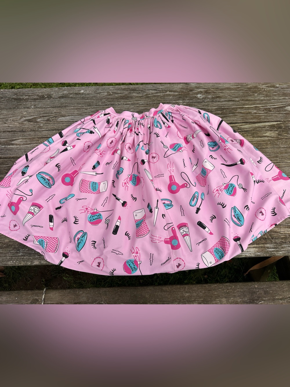 Vixen by Micheline Pitt Pink Circle Skirt with Beauty Products Print